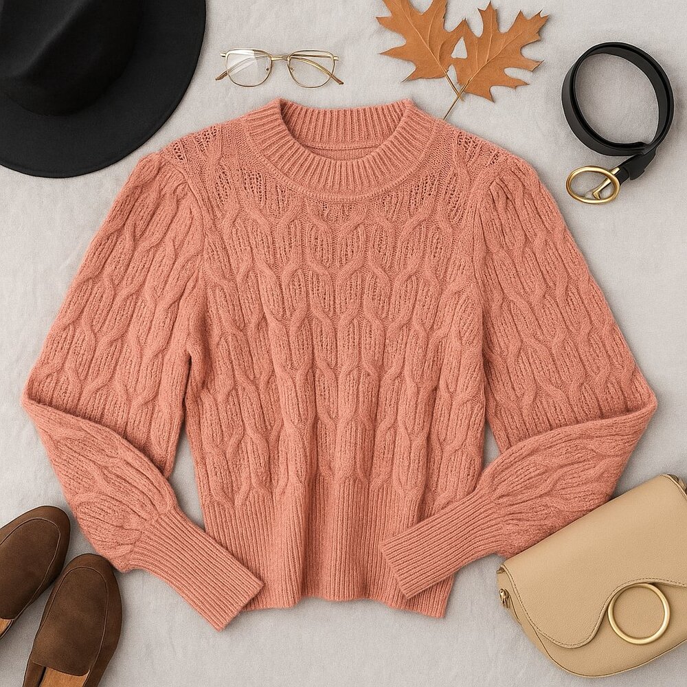 Express Rose Pink Cable Knit Puff Sleeve Sweater Size Medium NWT